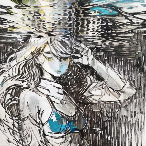 a drawing of a woman in a white shirt and blue pants under water with a bird flying above her