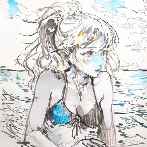 a drawing of a woman in a bikini sitting in the water with her head down and her hands behind her back