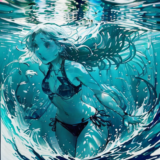 a woman in a bikini swimming in the water with a surfboard behind her and a wave coming up behind her