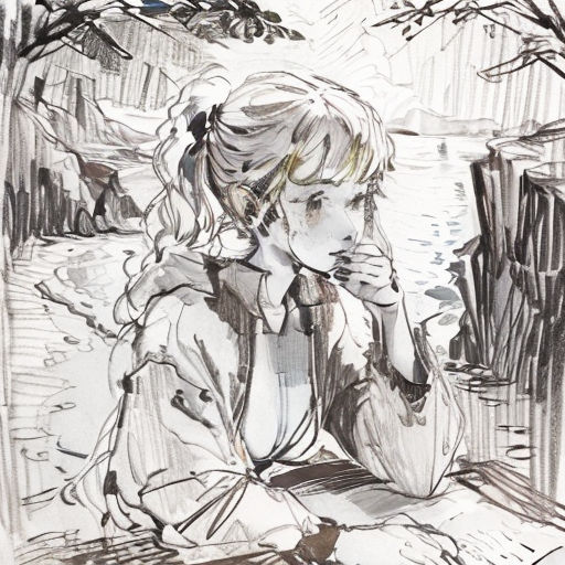 a drawing of a woman sitting on a bench in the rain with her hand on her face and a tree in the background
