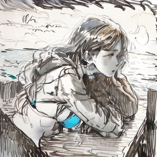 a drawing of a woman leaning on a fence by the water with her head down and her hands on her chest