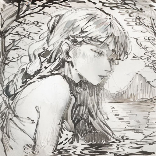 a drawing of a girl sitting in a pond with a tree in the background and a mountain in the distance
