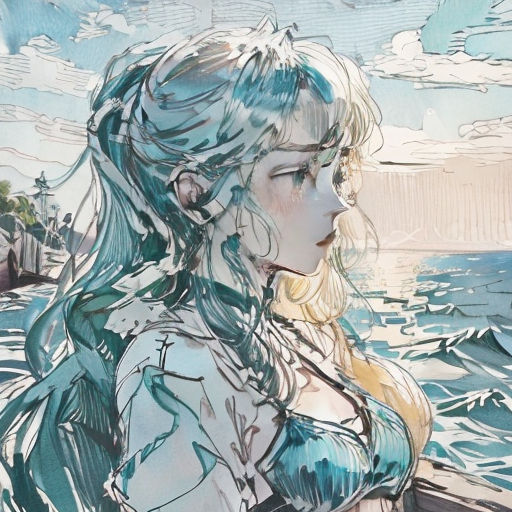 a painting of a woman sitting on a boat looking out at the water with a sky background and clouds