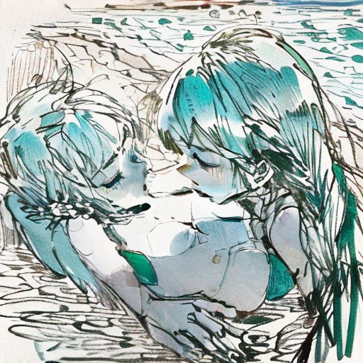 a drawing of two people in the water with their heads together, with a boat in the background and a building in the background