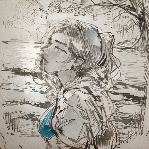 a drawing of a girl in a park by a tree with a bird flying overhead and a bird flying overhead