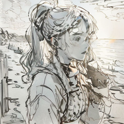 a drawing of a woman standing in front of a window with a bird flying over her head and a bird flying over her shoulder