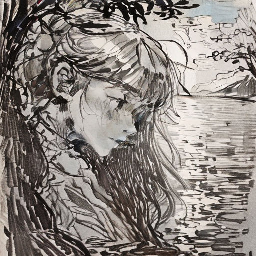 a drawing of a woman with long hair and a tree in her hair, looking out over a body of water