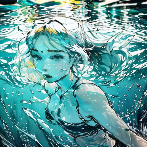 a woman swimming in a pool with a blue background and a yellow light above her head and a yellow light above her head