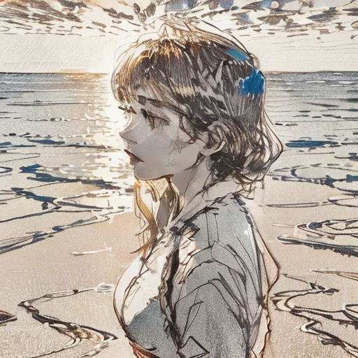 a drawing of a girl standing on a beach next to the ocean with a bird flying over her head