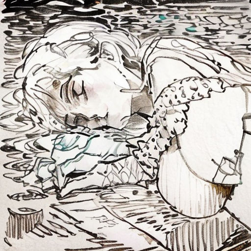 a drawing of a woman laying on a bed next to a lamppost and a tree in the water