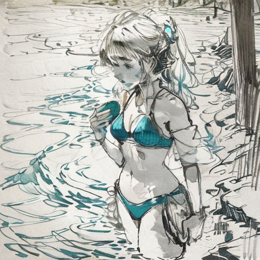 a drawing of a woman in a bikini standing in the water with a cell phone in her hand and a tree in the background