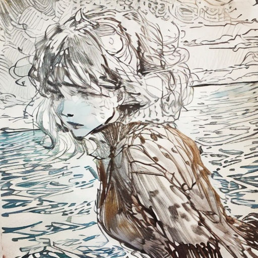 a drawing of a girl sitting in the water with her head in her hands and her eyes closed, with a background of water