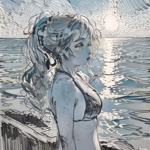a drawing of a woman standing on a beach next to the ocean with a sun in the background and a bird flying over her head