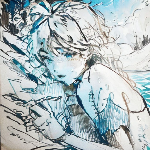 a drawing of a woman laying on a bed with her head on her hand and a blue background behind her