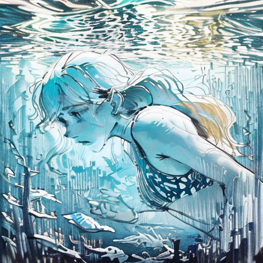 a painting of a woman swimming in the water with a fish in her hand and a fish in her mouth