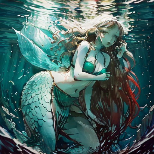 a mermaid with a green tail and a green tail is swimming in the water with a fish in her hand