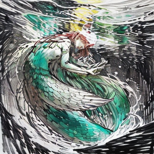 a drawing of a mermaid with a green tail and a yellow head sitting on a wave in the ocean