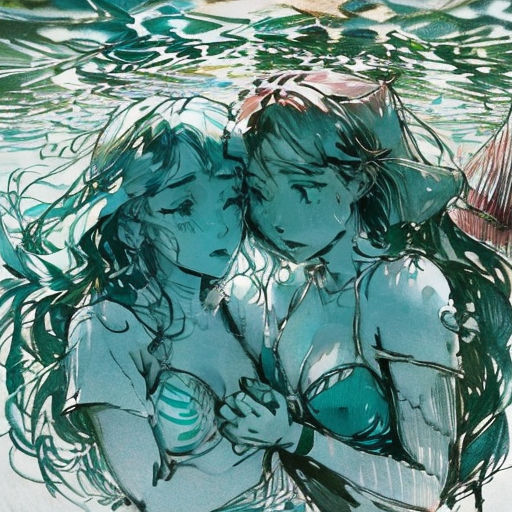 a drawing of two people in the water with a boat in the background and a boat in the water