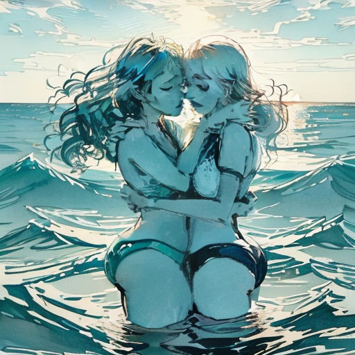 two women in the water hugging each other with the sun shining behind them and the ocean in the background
