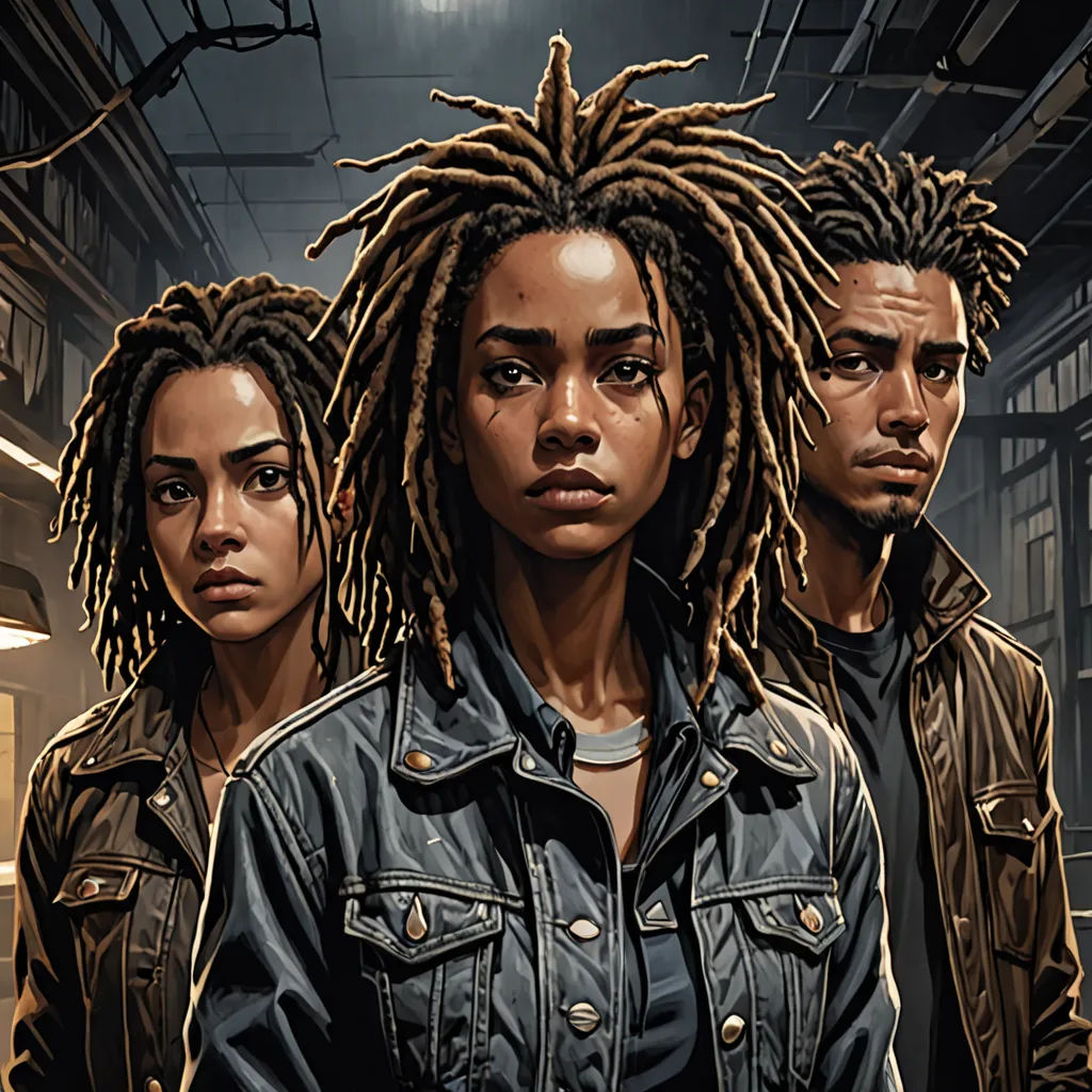 a group of people standing next to each other in a room with a light on the ceiling and a sign above them, serial art, poster art, Aaron Jasinski, comic cover art