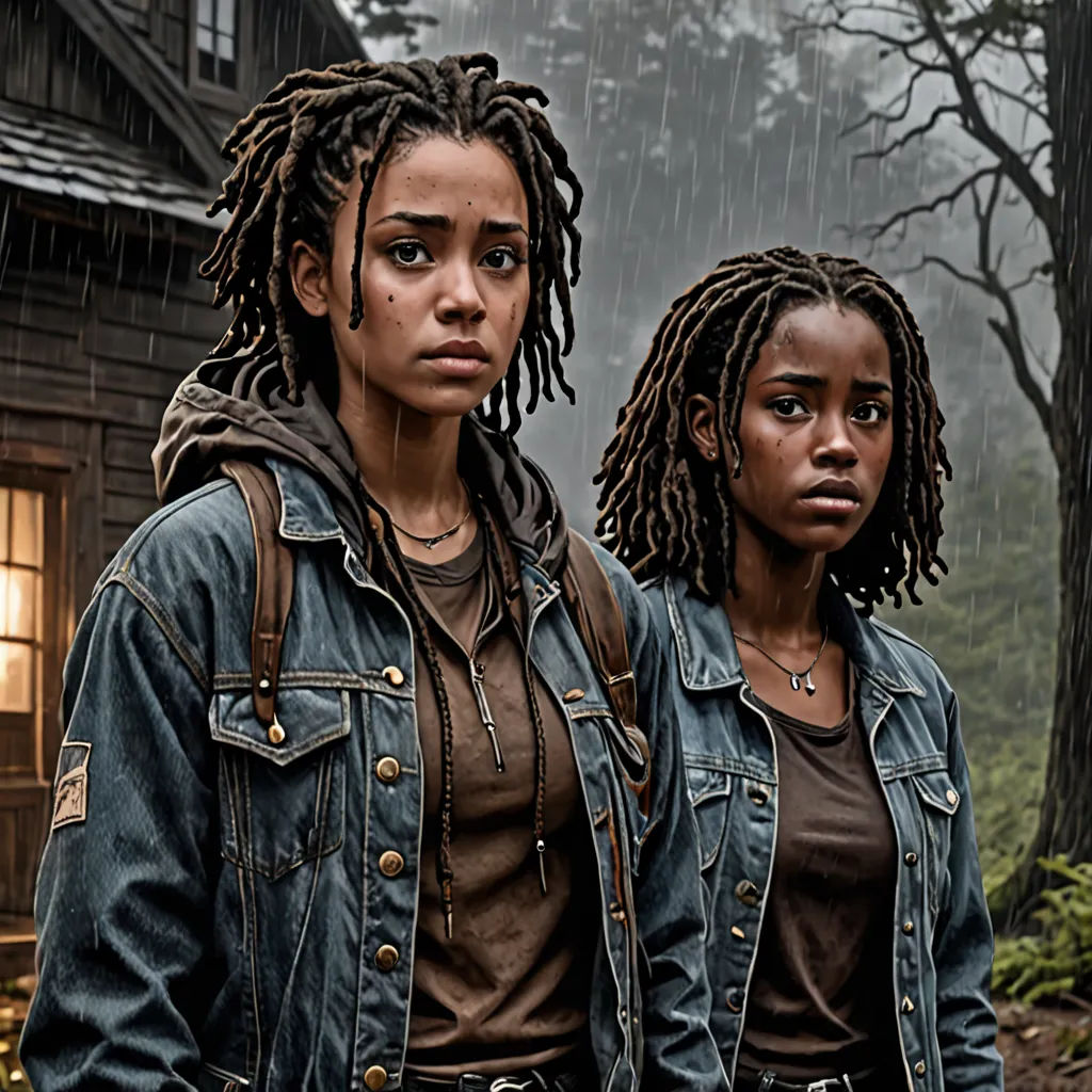 two women standing in front of a cabin in the rain with a house in the background and a tree in the foreground, antipodeans, concept art, Cedric Seaut (Keos Masons), promotional image