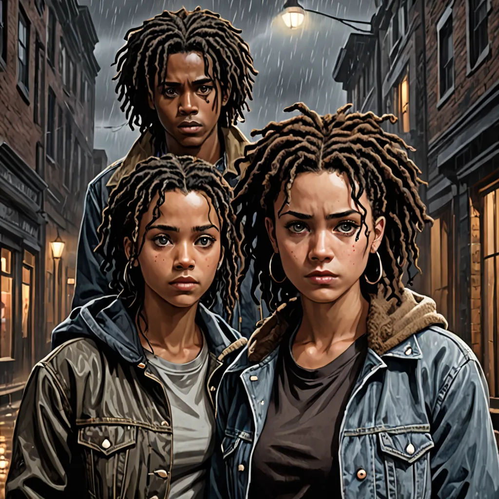 a painting of three people standing in the rain in a city street at night with a street light in the background, serial art, poster art, Allan Brooks, key art
