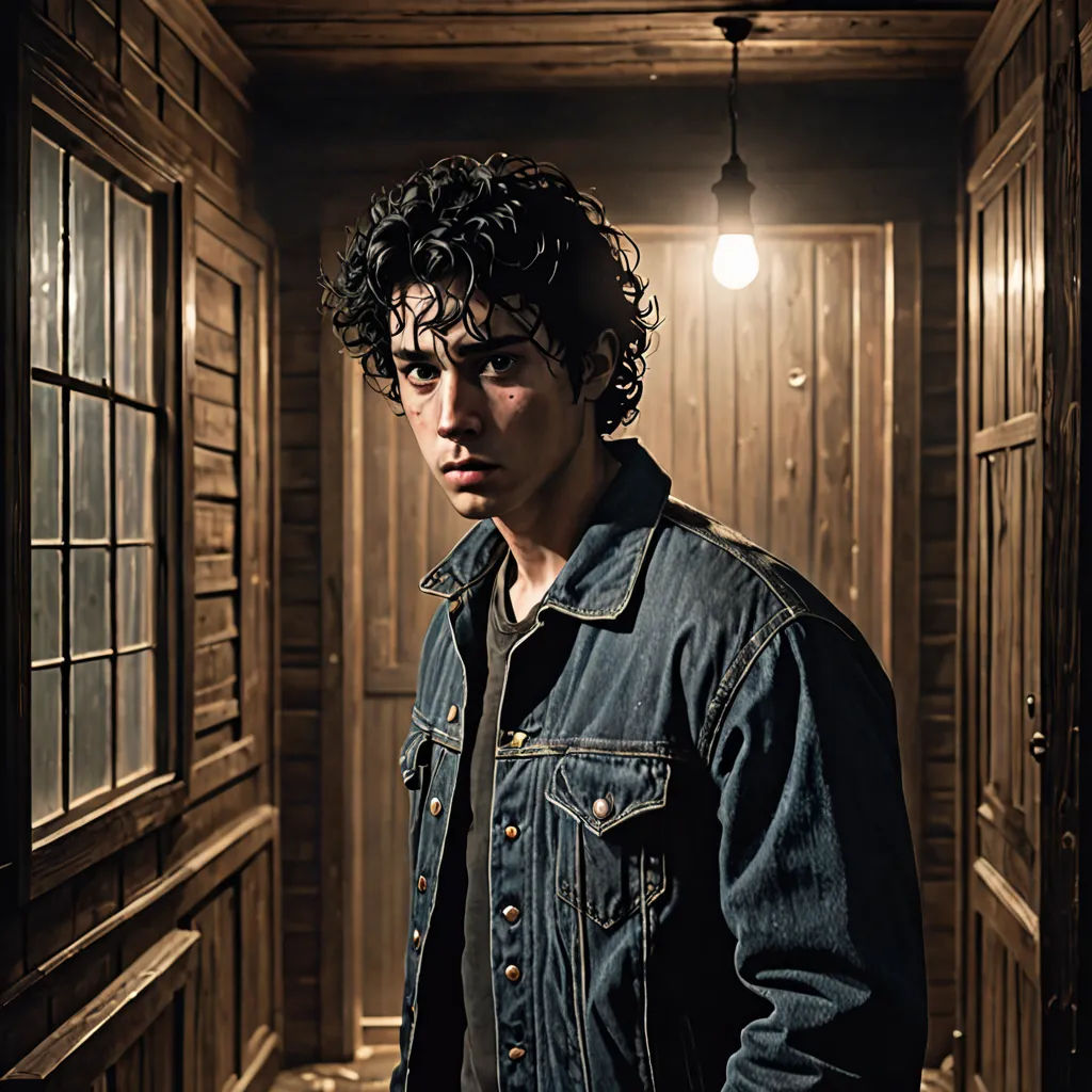 a man standing in a room with a light on and a wooden wall behind him and a window on the other side, serial art, a character portrait, Arthur Sarkissian, promotional image