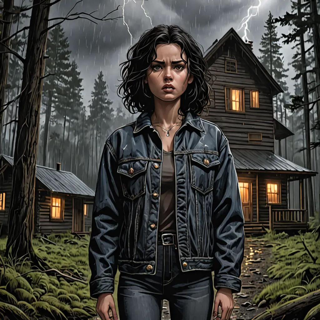 a woman standing in front of a house with a lightning in the background and a tree in the foreground, american scene painting, poster art, F Scott Hess, comic cover art