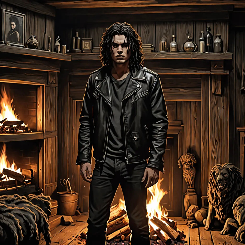 a man standing in front of a fireplace with a black jacket on and a black shirt on and a black jacket on, gothic art, poster art, Cedric Seaut (Keos Masons), promotional image