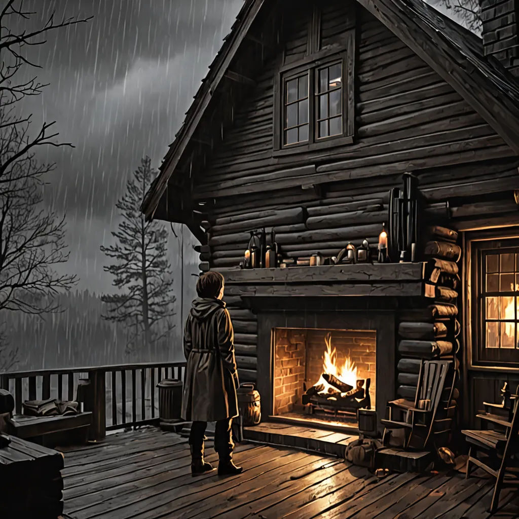 a person standing on a deck in front of a cabin with a fire place and a fire in the fireplace, american scene painting, a detailed matte painting, Evgeny Lushpin, promotional image