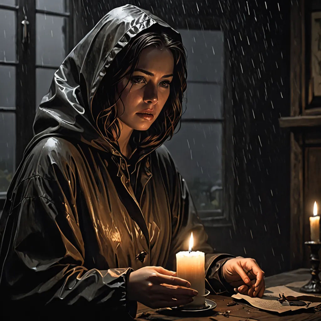 a woman in a raincoat holding a candle in front of a window with a clock on it and a clock on the wall, gothic art, a detailed matte painting, Dirk Crabeth, promotional image