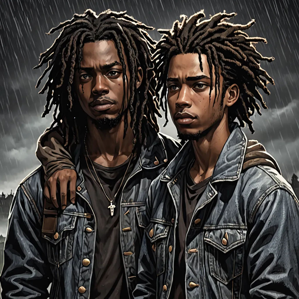 two men standing in the rain under a cloudy sky with a black background and a dark sky behind them, underground comix, a comic book panel, David Palumbo, comic cover art
