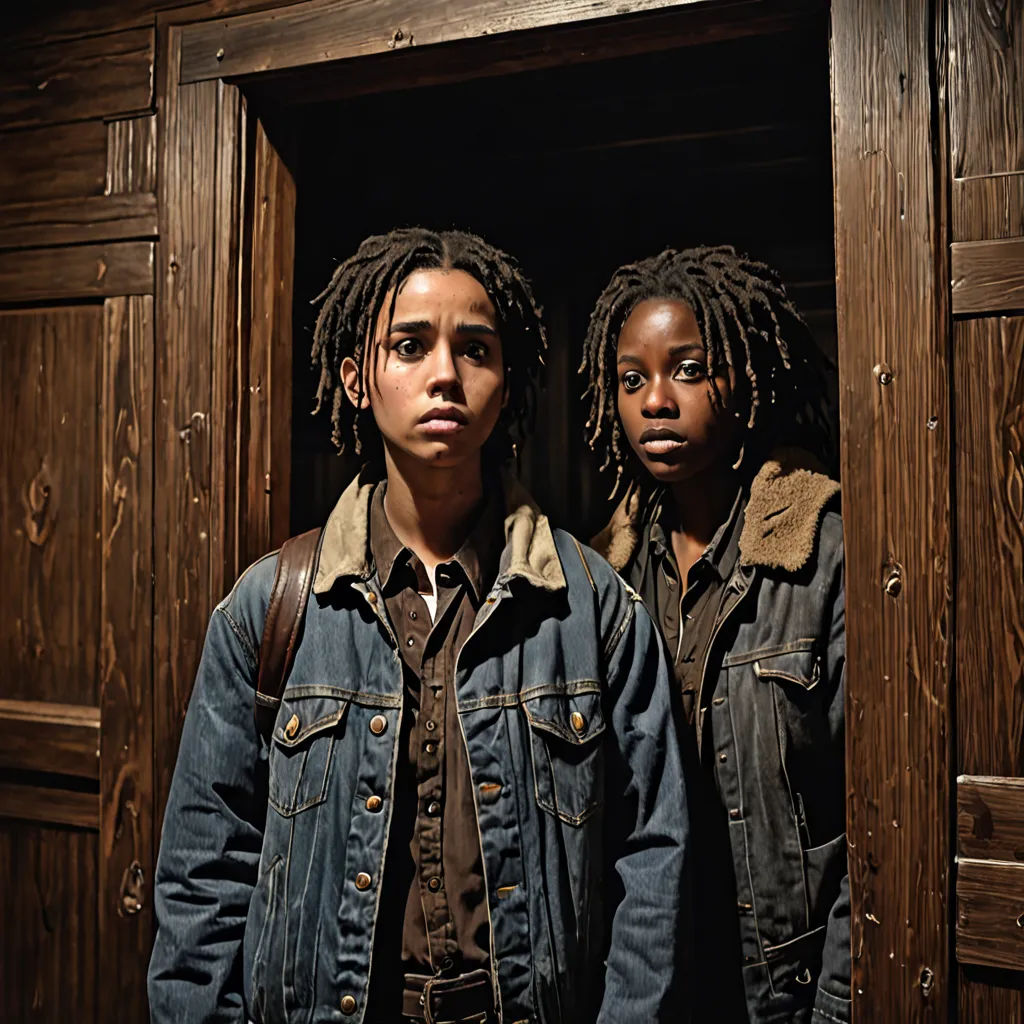 two people standing in a doorway with dreadlocks on their heads and one person wearing a denim jacket, black arts movement, a poster, Eric Taylor, promotional image