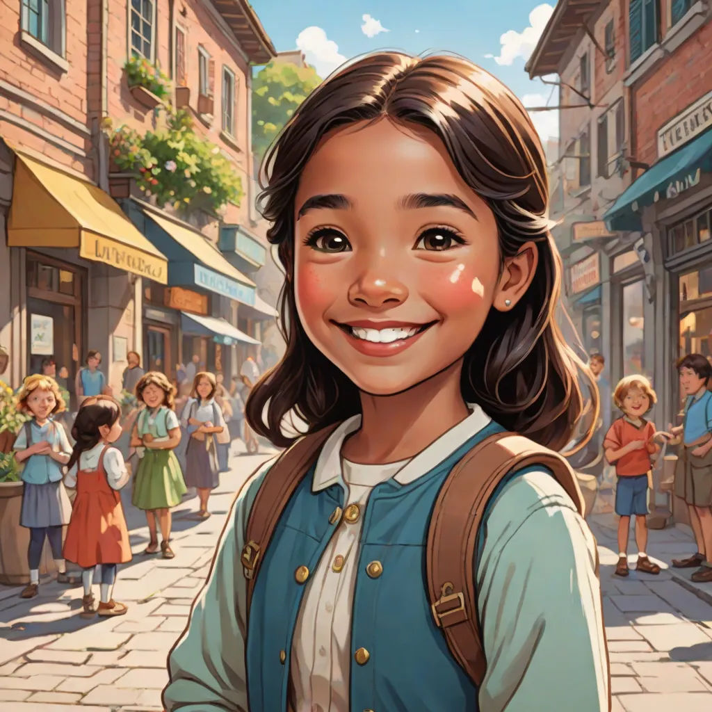 a cartoon girl with a backpack on a street with people in the background and a building with a clock, paris school, a storybook illustration, Bob Byerley, kinkade