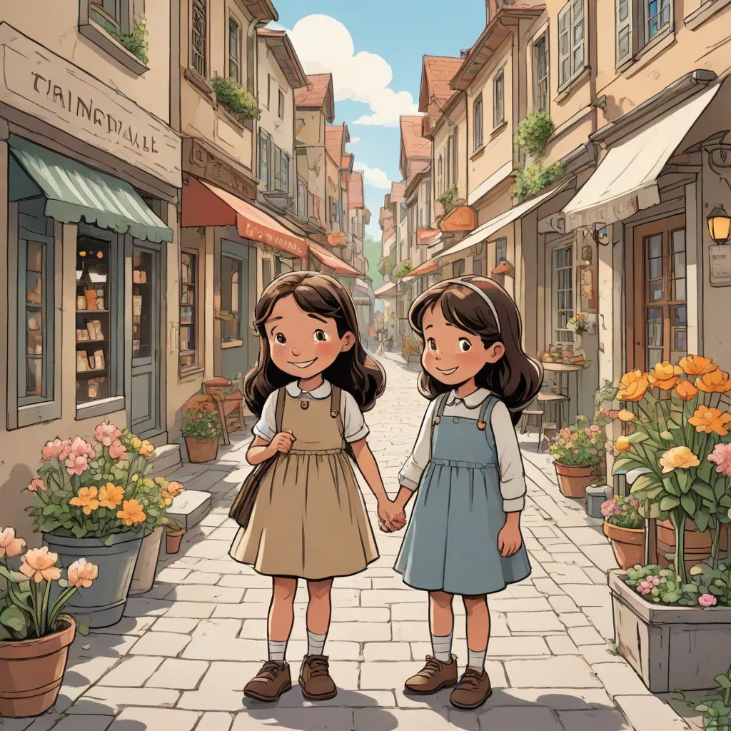 two little girls are walking down a street holding hands and looking at each other with flowers in the background, paris school, a comic book panel, Colin Middleton, official art