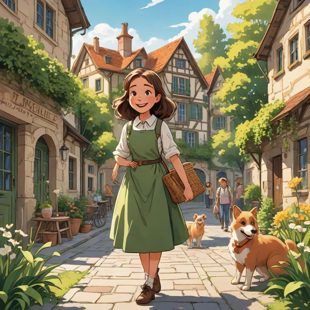 a woman in a green dress is walking down a street with a dog and a man in a brown shirt, american scene painting, a storybook illustration, Anne Said, official art
