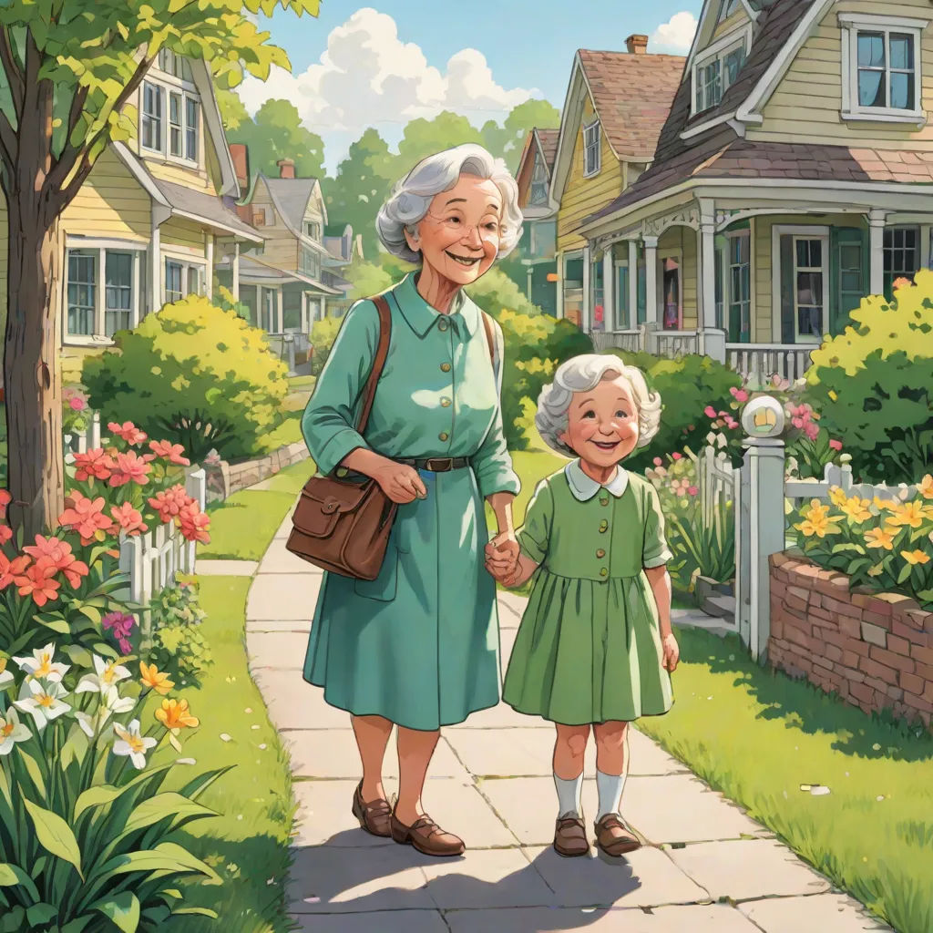 a painting of an older woman and young girl walking down a sidewalk in front of a house with flowers, american scene painting, a storybook illustration, Chris LaBrooy, official art