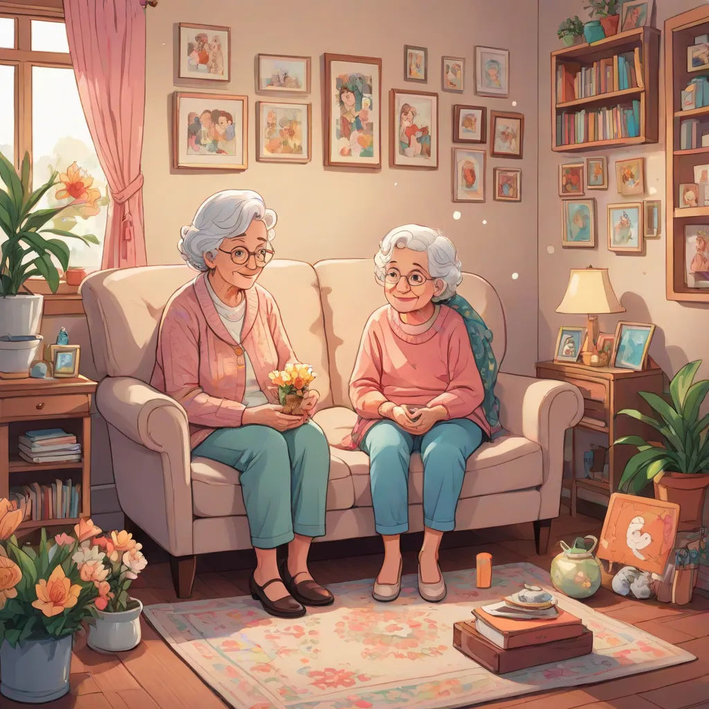 a couple of women sitting on top of a couch in a living room next to a window with pictures on the wall, sots art, a storybook illustration, Evgeny Lushpin, official art