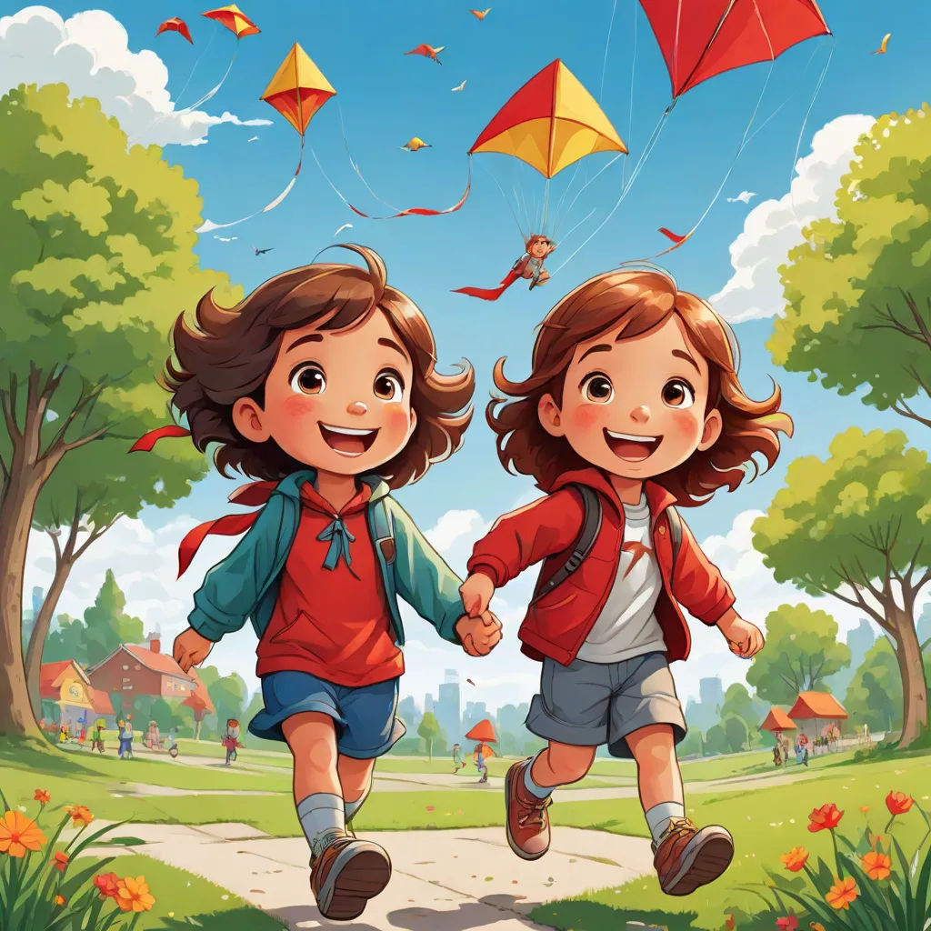two children running with kites in the sky above them in a park with flowers and trees on the ground, naive art, a storybook illustration, Diego Gisbert Llorens, trending on art station