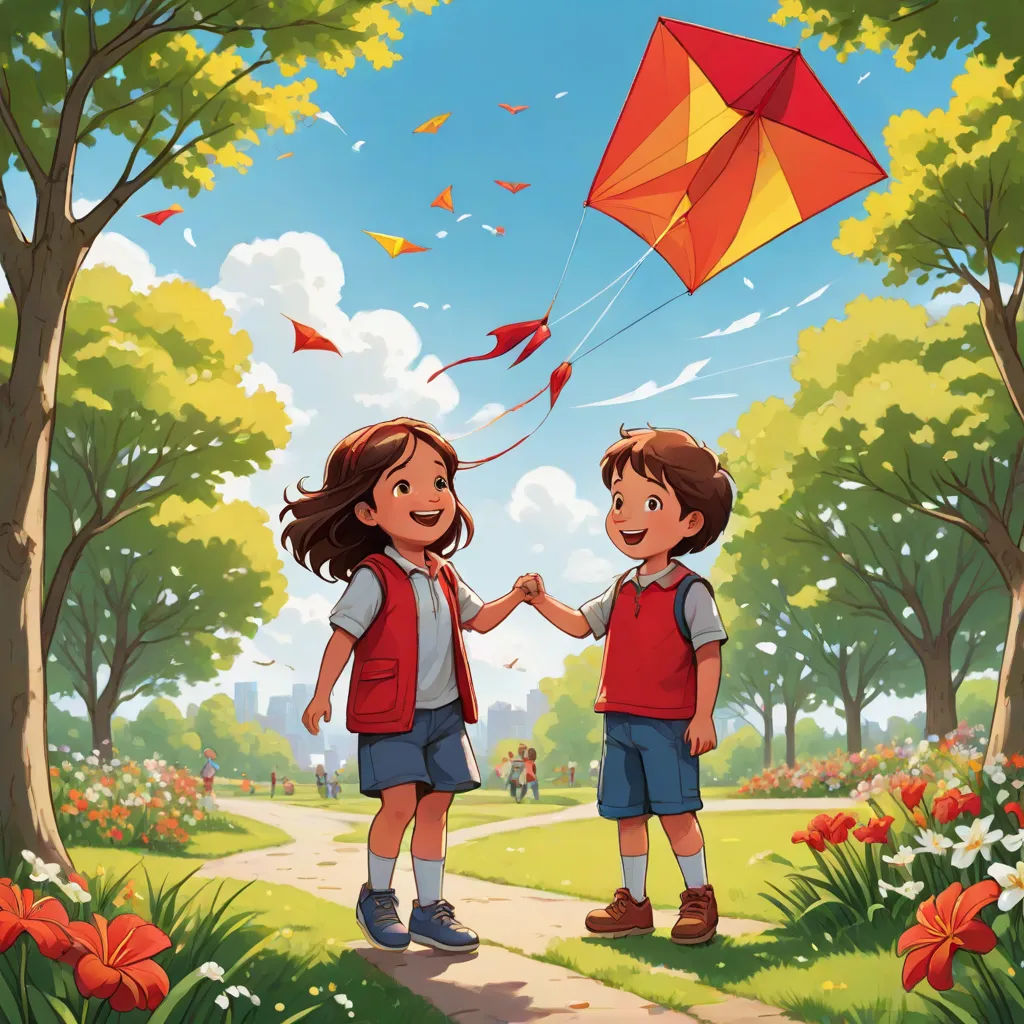 a couple of kids flying a kite in a park together on a sunny day with flowers and trees around, rayonism, a storybook illustration, Diego Gisbert Llorens, official art