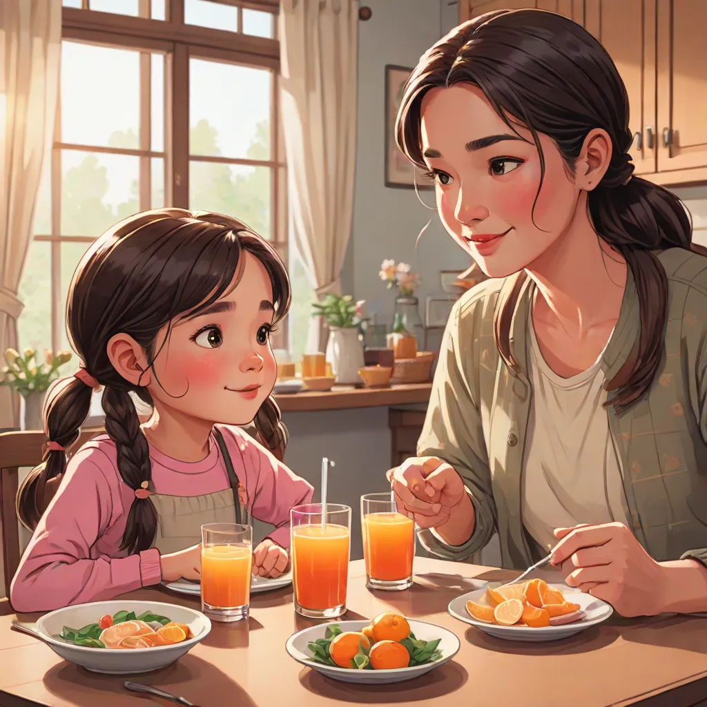 a woman and a little girl sitting at a table with plates of food and drinks in front of them, american realism, a storybook illustration, Chen Hong, rossdraws global illumination