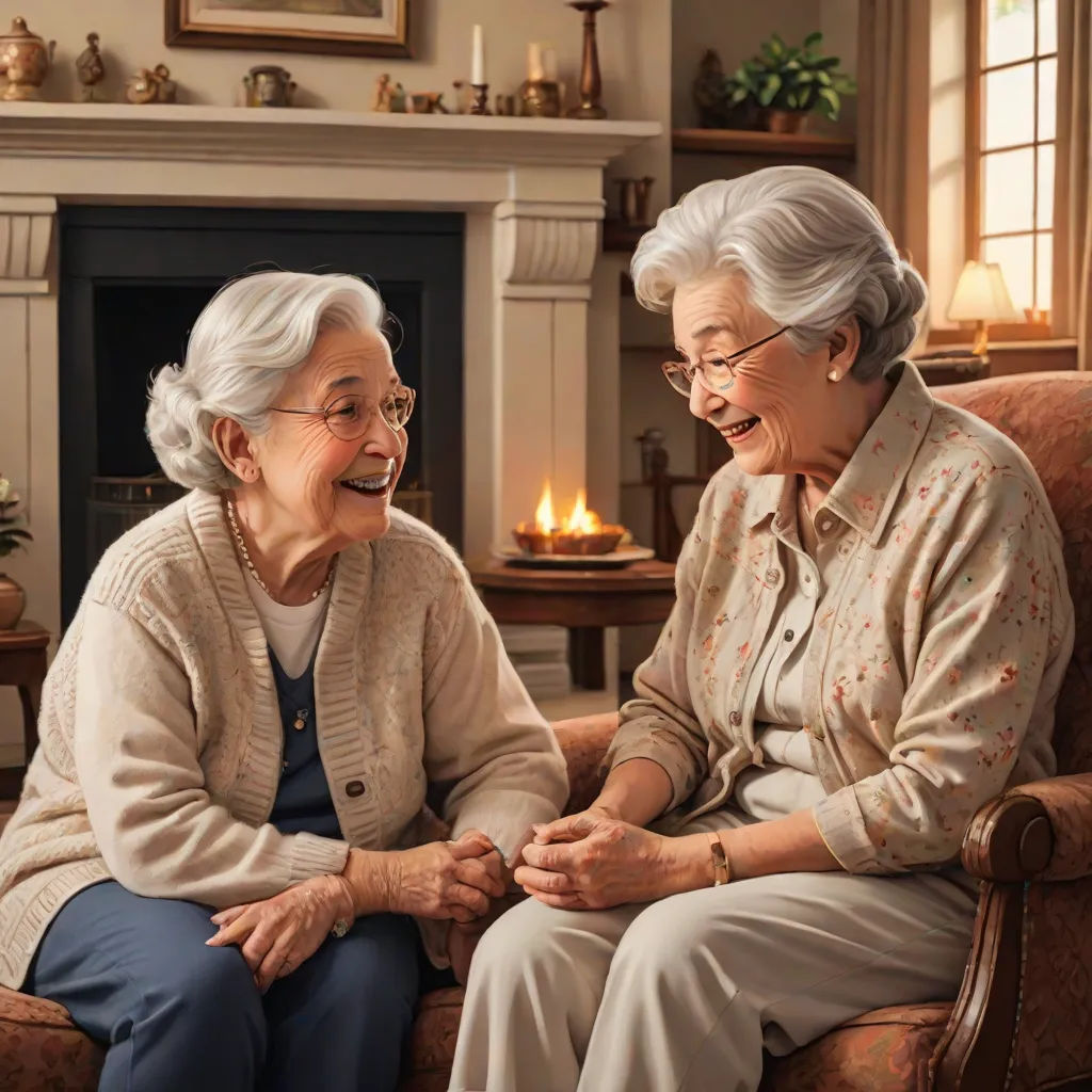 two older women sitting on a couch talking to each other in a living room with a fireplace in the background, american scene painting, a photorealistic painting, Brad Kunkle, extremely detailed oil painting