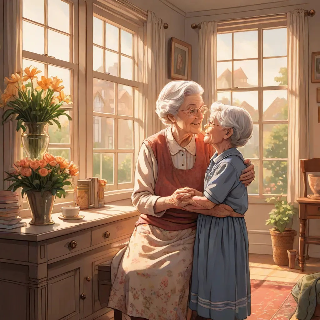 a painting of two women hugging in a room with a window and a table with flowers in it and a vase with flowers, american scene painting, a storybook illustration, Brothers Hildebrandt, storybook illustration