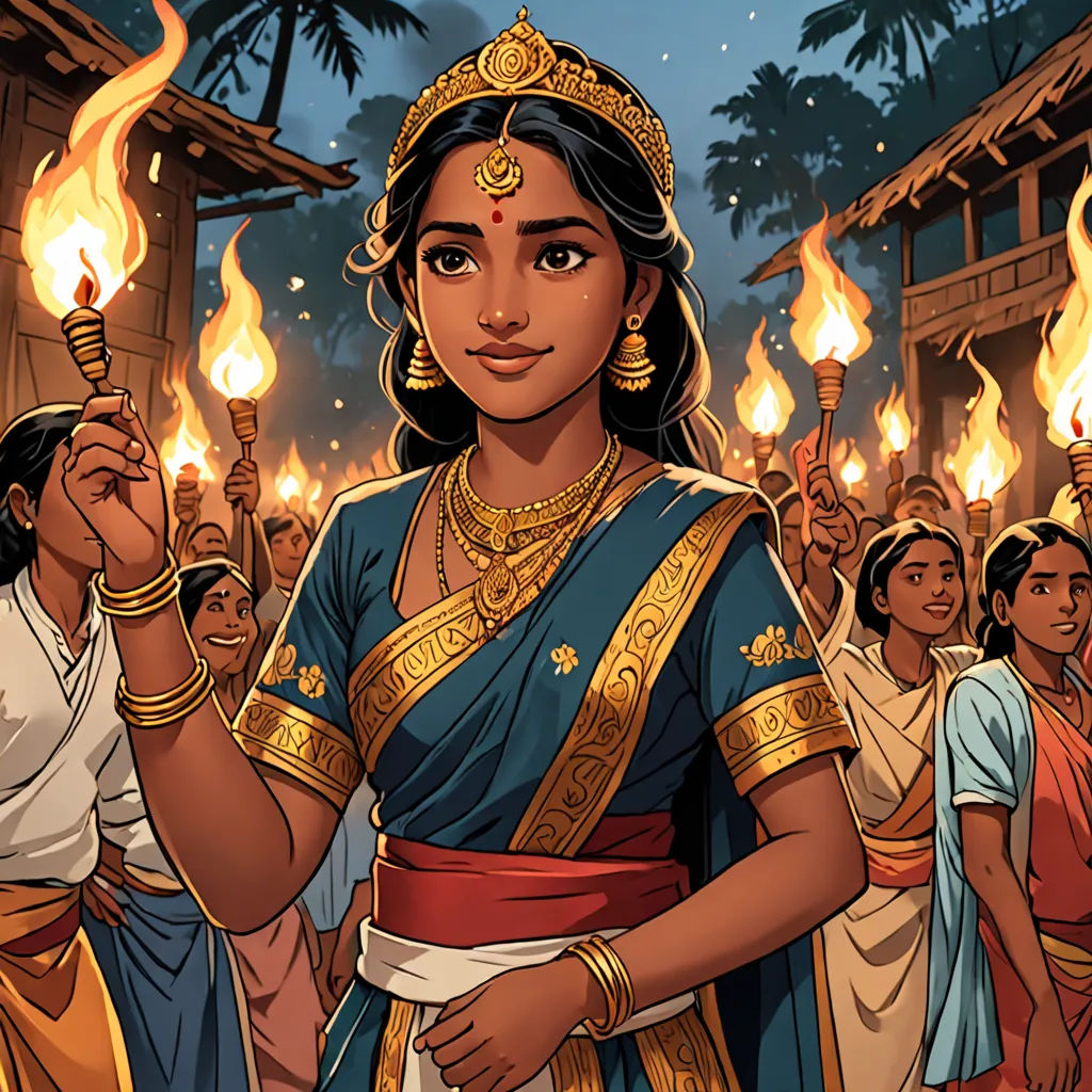 a woman in a blue sari holding a lit candle in her hand and a crowd of people behind her, samikshavad, a comic book panel, Ella Guru, comic cover art