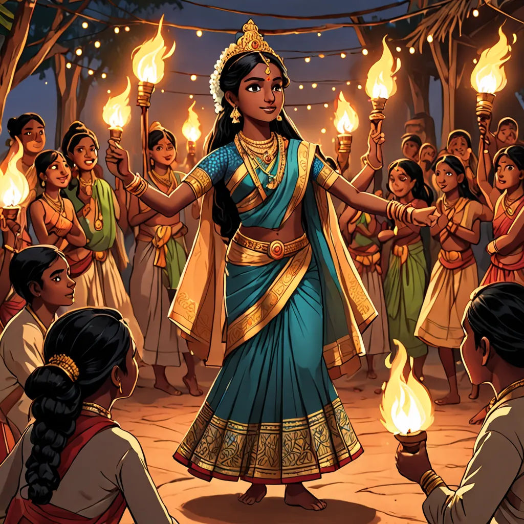 a painting of a woman dancing with torches in her hand and other people around her watching her perform a dance, fantasy art, a storybook illustration, Ella Guru, official art