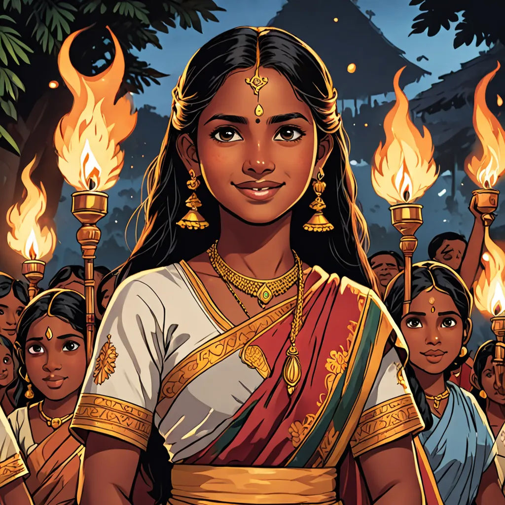 a woman in a sari holding torches in front of a crowd of people in a forest at night, samikshavad, a storybook illustration, Ella Guru, comic cover art