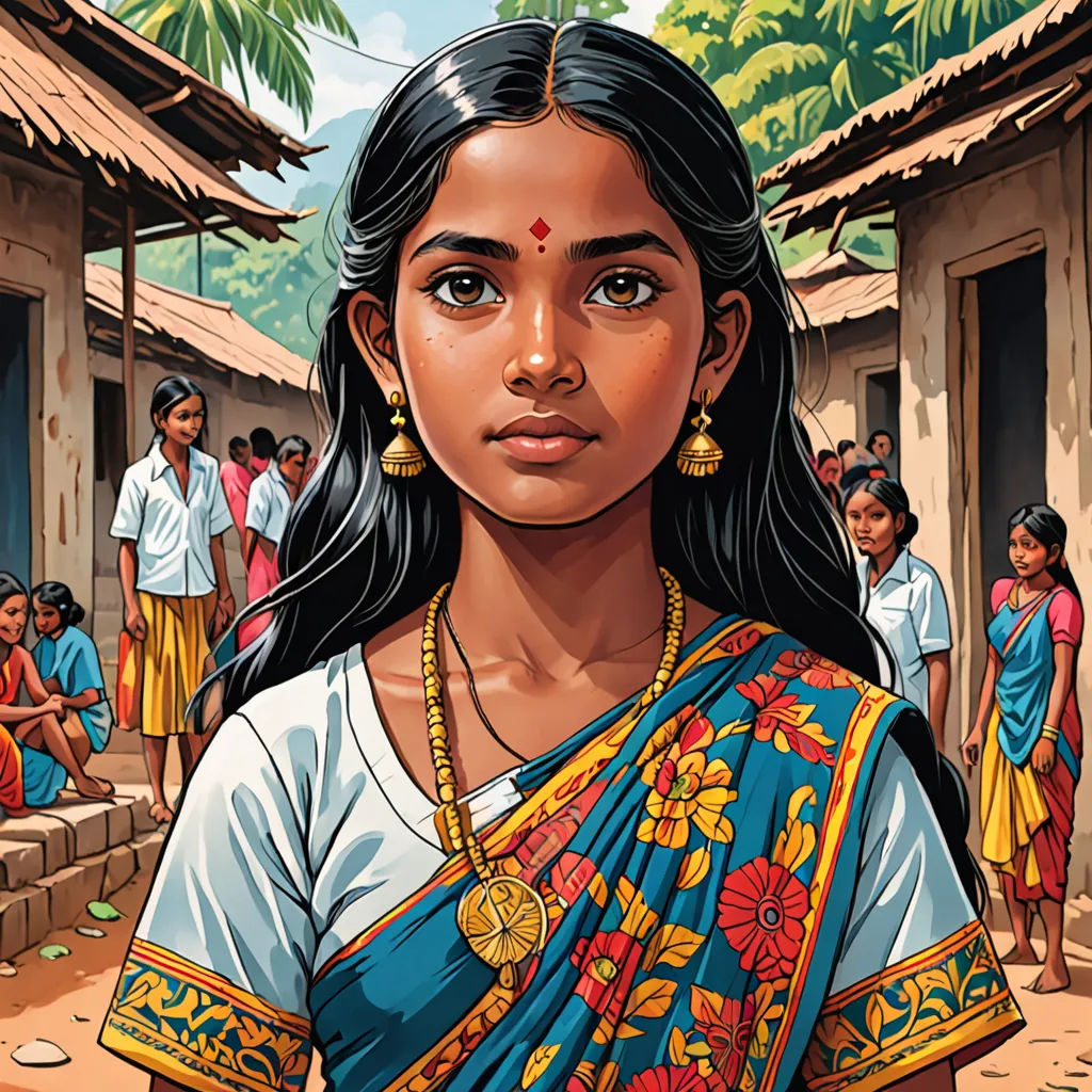a painting of a woman in a blue sari and a group of people in the background with trees, samikshavad, a detailed drawing, Ella Guru, graphic novel
