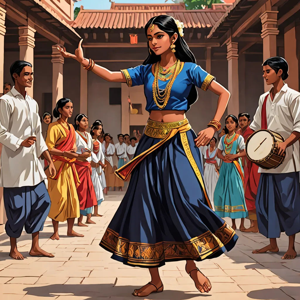 a painting of a woman dancing in a blue dress with other people around her and a man in a white shirt, bengal school of art, a storybook illustration, Ella Guru, official art