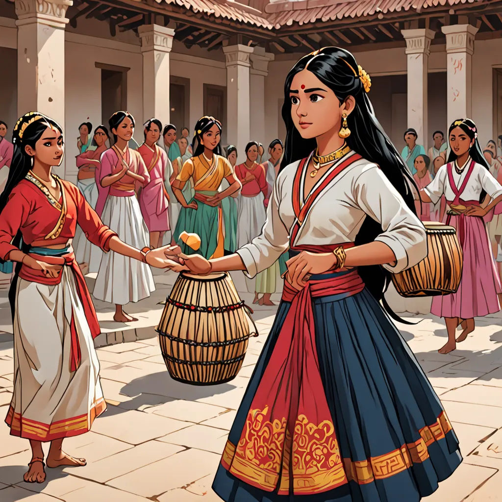 a painting of a woman holding a basket and a drum in front of a crowd of people in a courtyard, bengal school of art, a storybook illustration, Ella Guru, official art