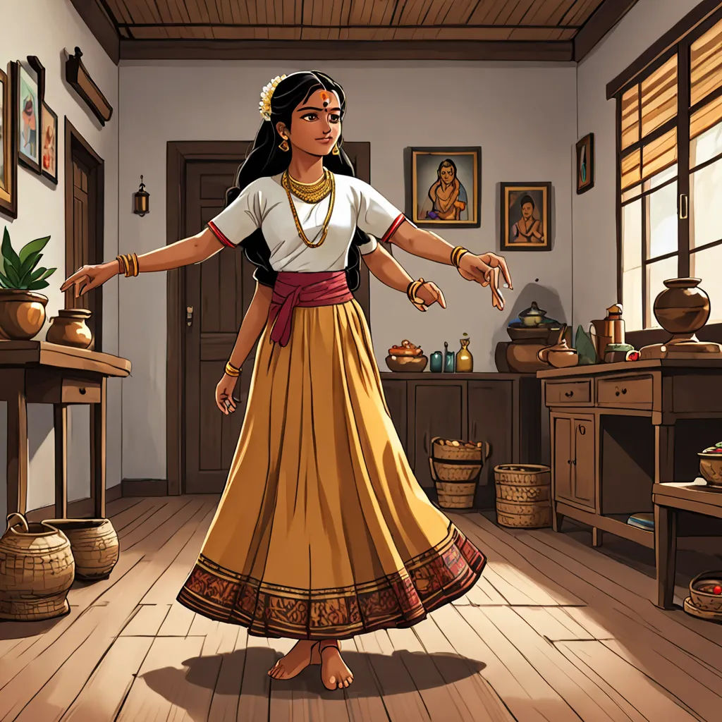 a woman in a long skirt standing in a room with a potted plant on the table and a potted plant on the floor, bengal school of art, a storybook illustration, Ella Guru, promotional image